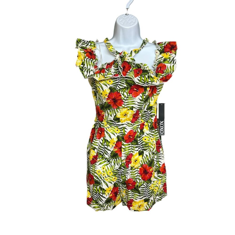 XOXO Womens Romper Size S Tropical Floral Linen Blend  Off Shoulder Ruffle